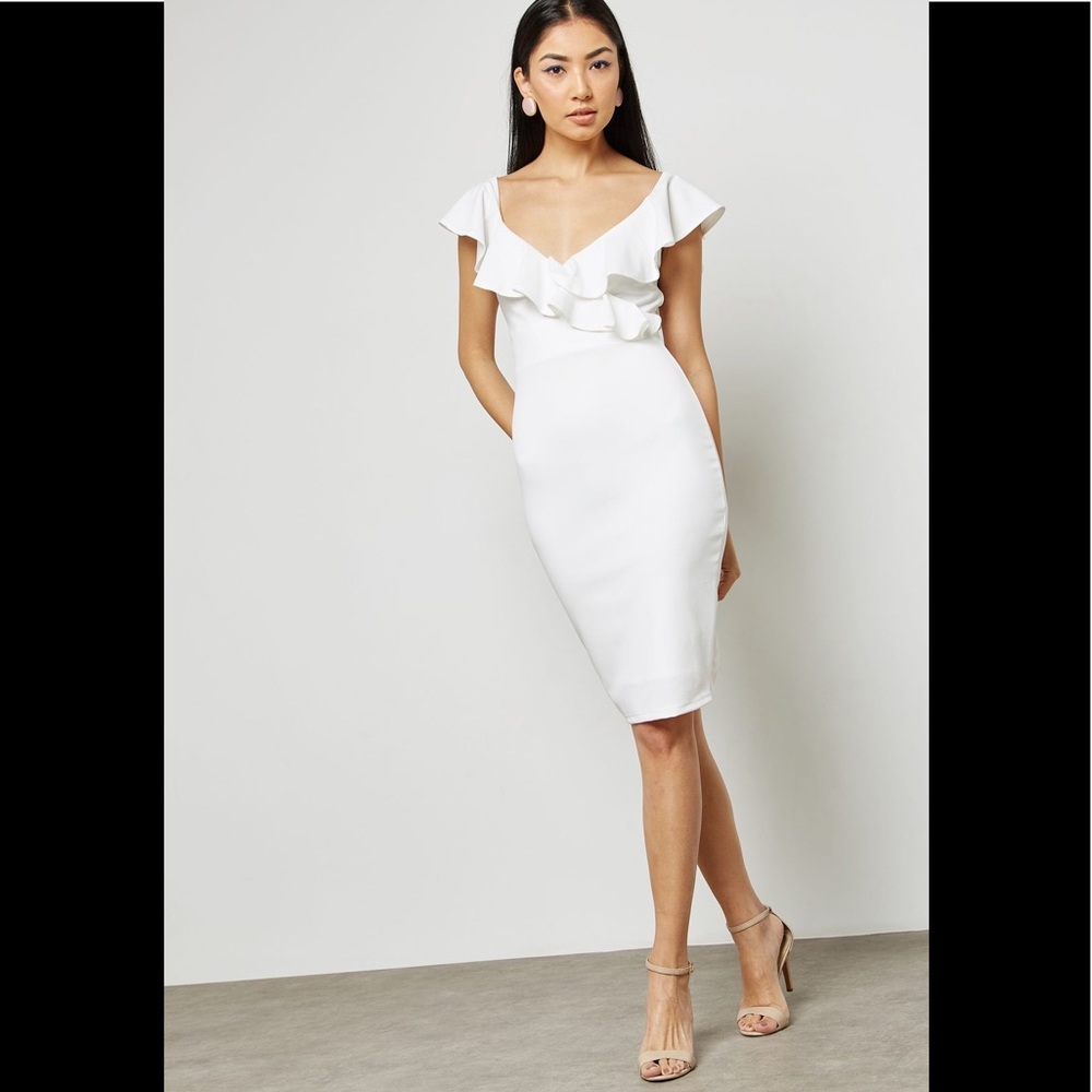 White Plunge Ruffle Bodycon Dress - Picture 2 of 4